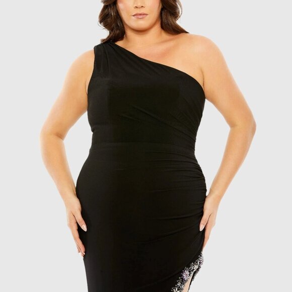 NWT Mac Duggal One Shoulder Asymmetrical Embellished Hem Dress Black Multi #7908 - Picture 2 of 8